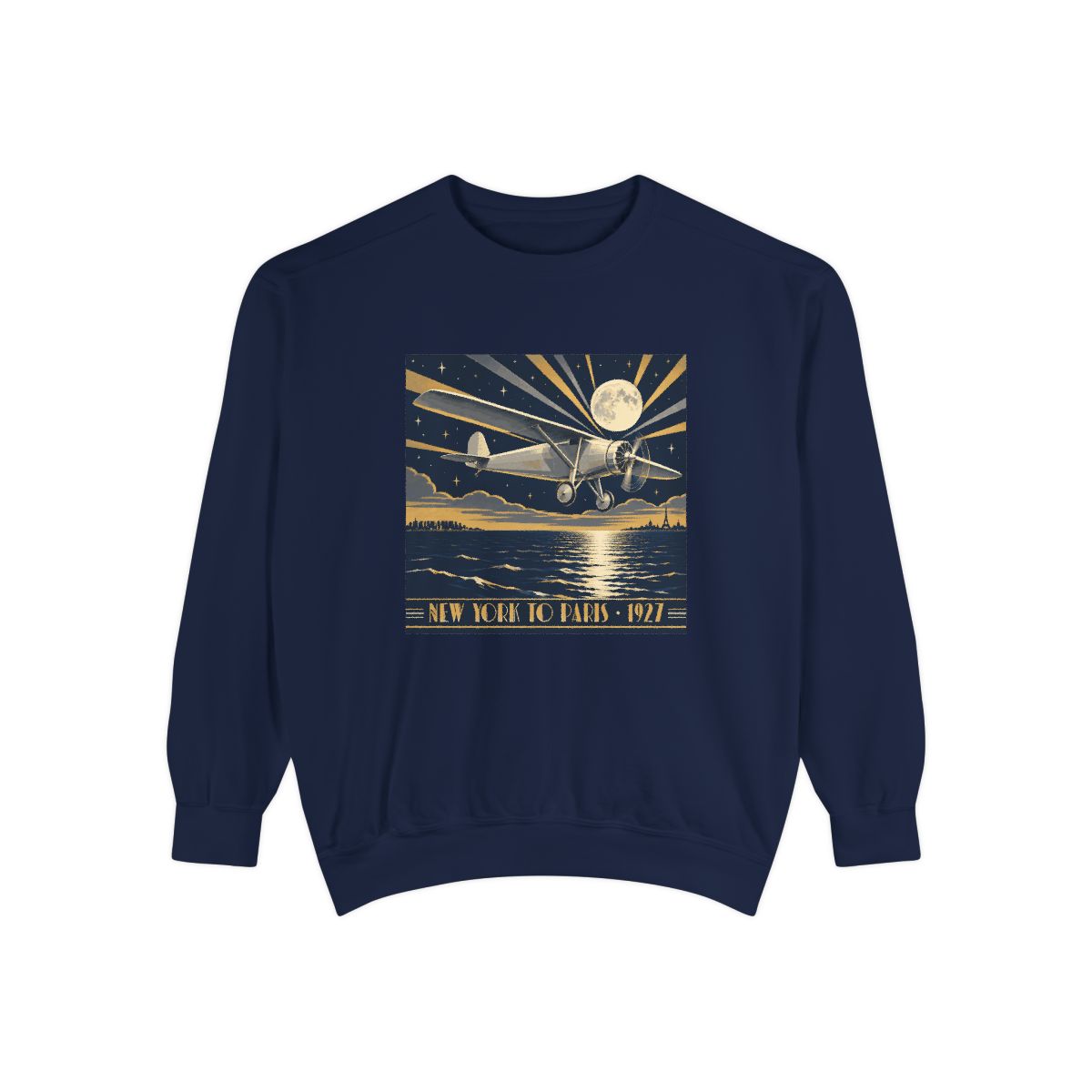 33 Hours New York to Paris Crewneck Sweatshirt, True Navy front mockup, view 1